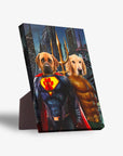 Personalized Superdog & Aquadog standing canvas featuring two pets in superhero costumes against a city background.