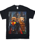 Black Gildan unisex t-shirt featuring two dogs as superheroes, Superdog and Aquadog, against a city backdrop.
