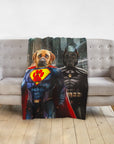 Personalized 'Superdog & Batdog' custom pet portrait blanket featuring two dogs as superheroes.