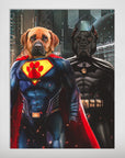 Personalized 'Superdog & Batdog' poster featuring two dogs as superheroes, one in blue and red, the other in black.