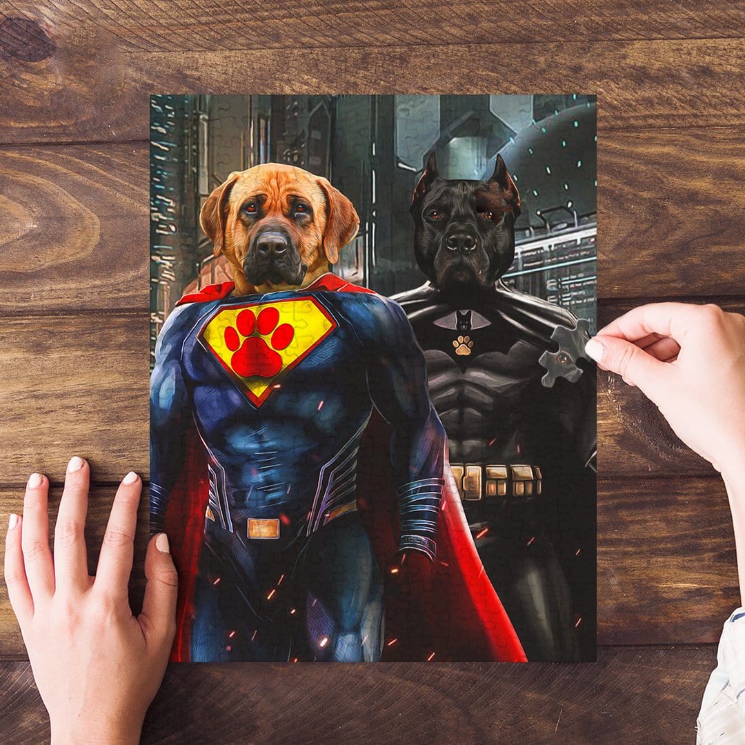 Personalized 2-pet puzzle featuring a yellow lab as Superdog and a black dog as Batdog.