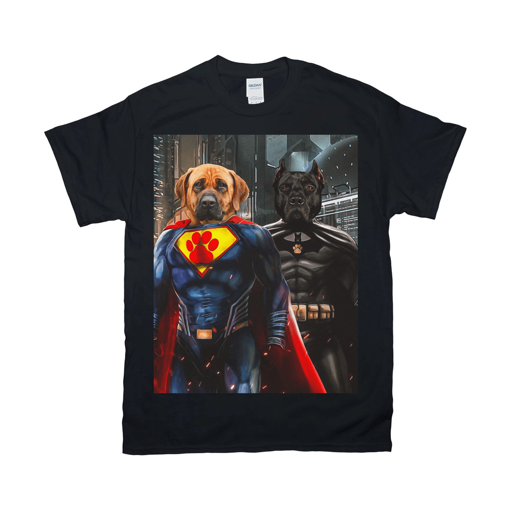 Black Gildan unisex t-shirt featuring a personalized design of two dogs dressed as Superdog and Batdog.