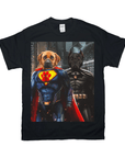 Black Gildan unisex t-shirt featuring a personalized design of two dogs dressed as Superdog and Batdog.