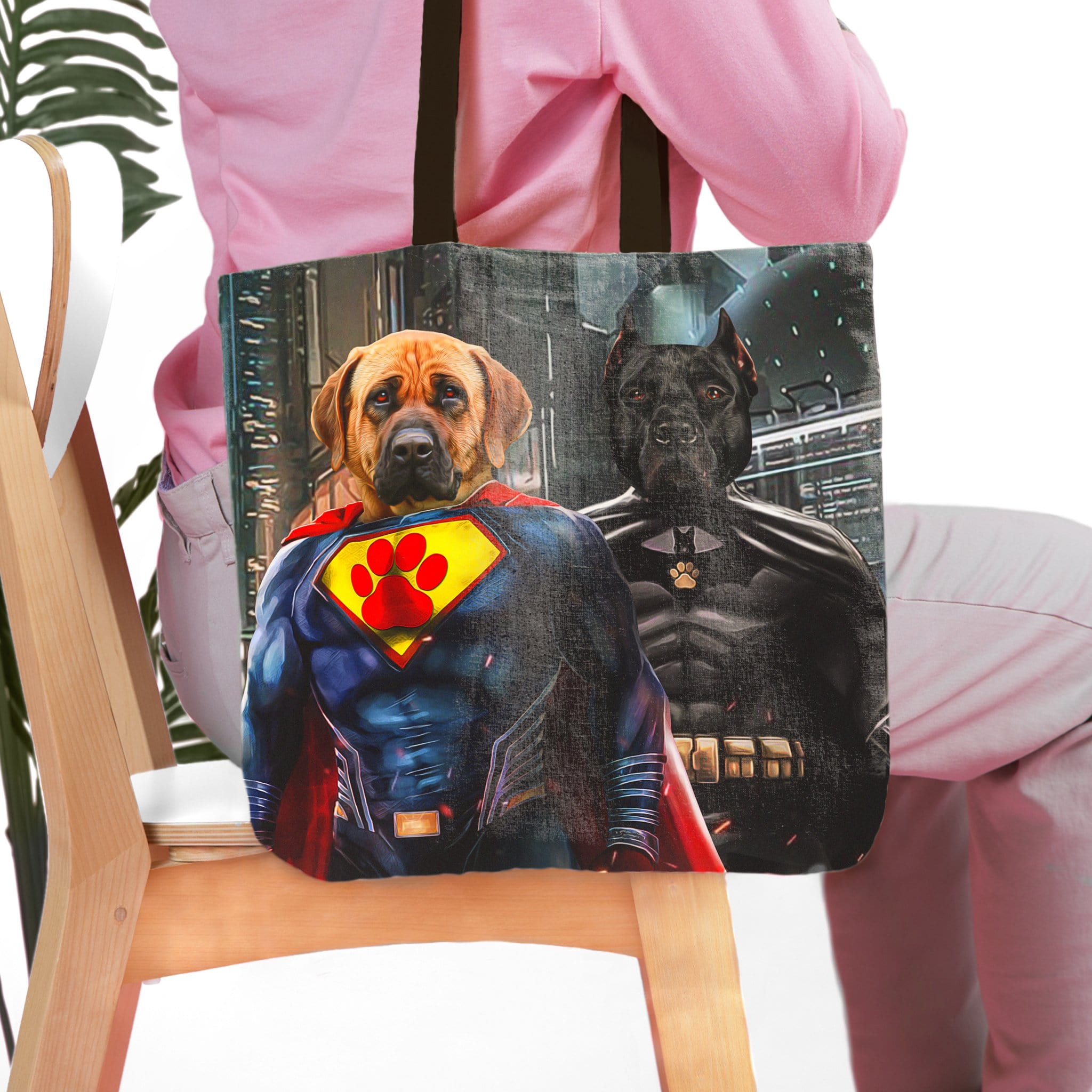 Custom 'Superdog & Batdog' personalized 2 pet tote bag with dog portraits in superhero costumes.