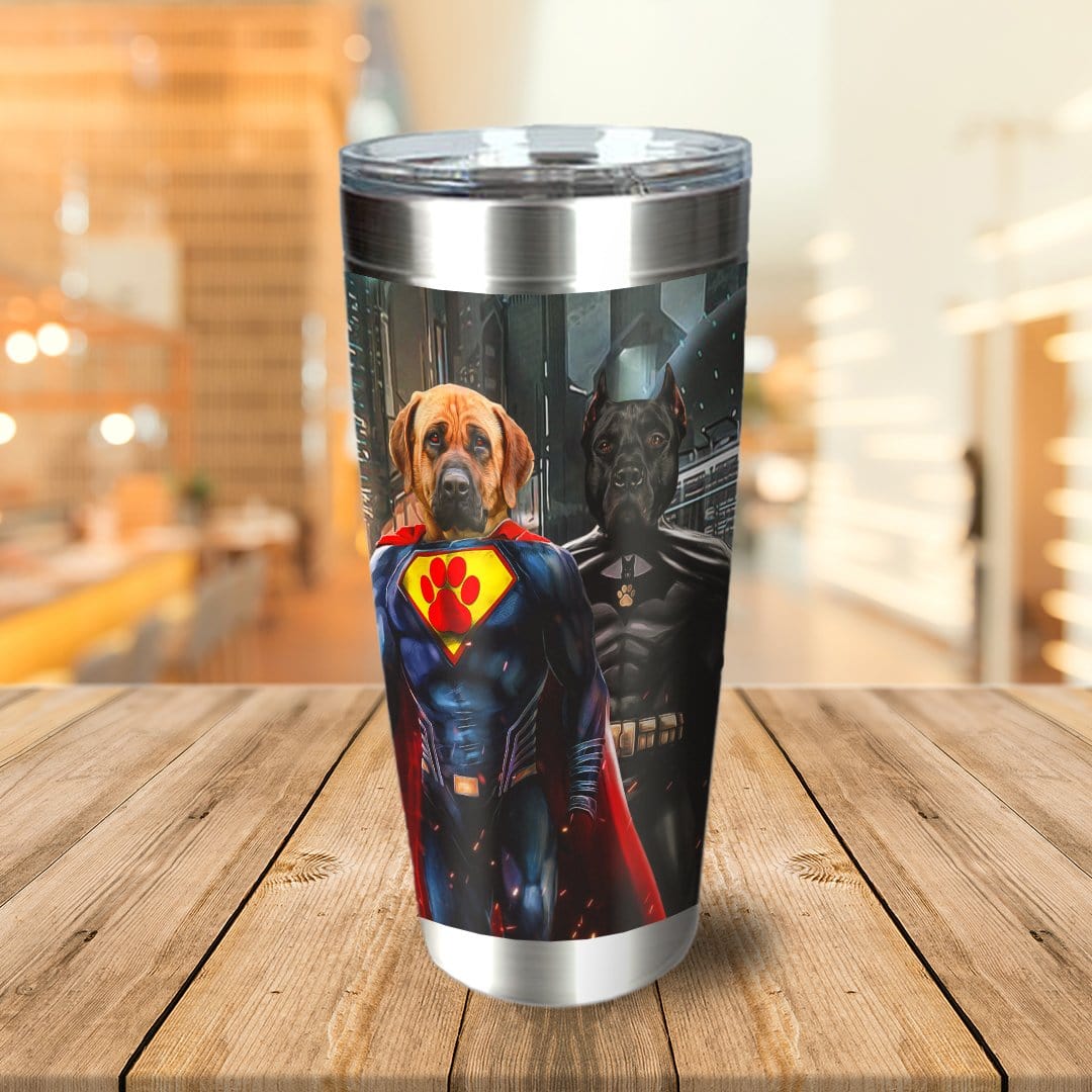 Personalized stainless steel tumbler with two custom pet portraits as Superdog and Batdog.