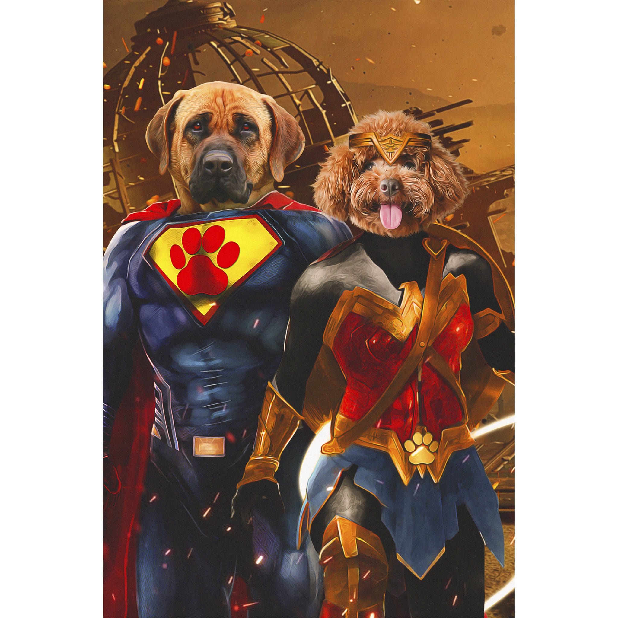 Custom digital portrait of two dogs as Superdog and Wonder Doggette superheroes.