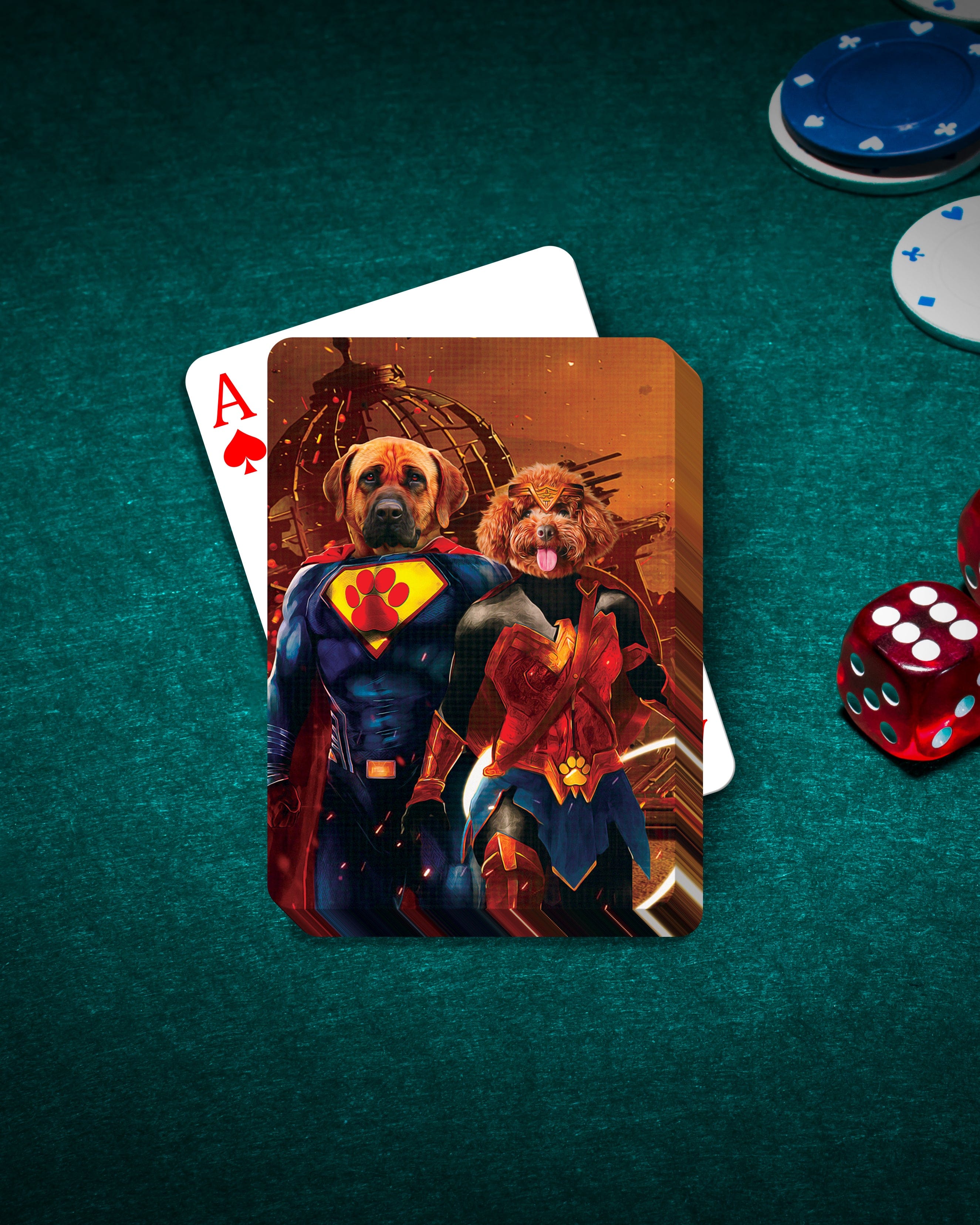 Personalized playing cards featuring two pets as Superdog and Wonder Doggette on a green felt table with chips and dice.