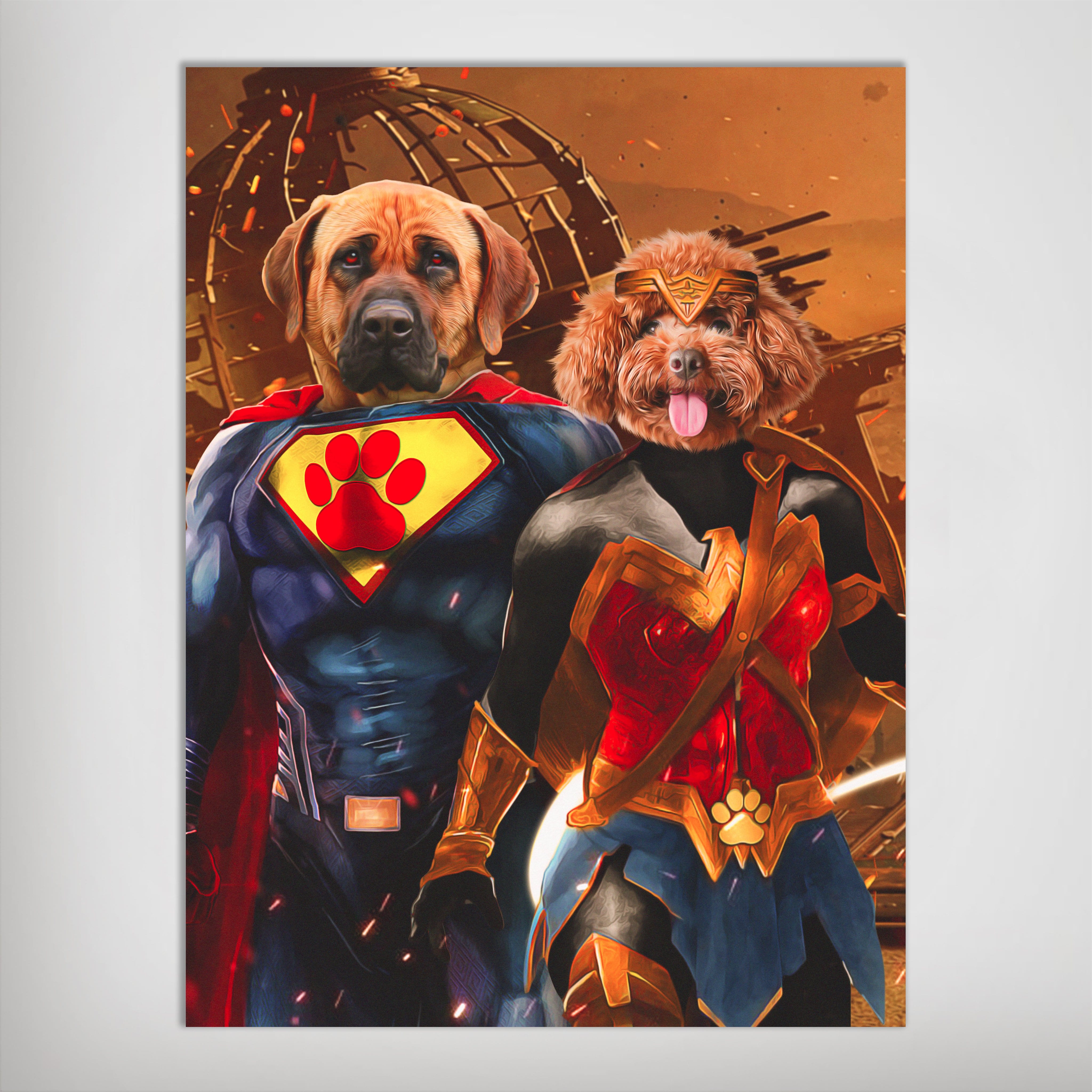 Personalized 'Superdog & Wonder Doggette' poster featuring two pets as superheroes on a matte finish.
