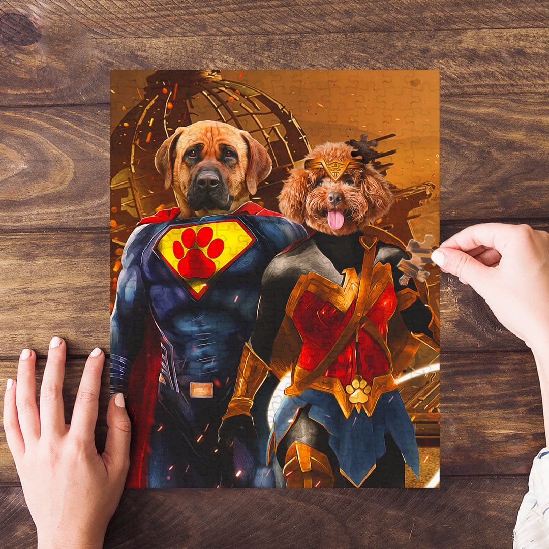 Personalized 2-pet puzzle featuring a dog as Superdog and a poodle as Wonder Doggette.