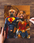 Personalized 2-pet puzzle featuring a dog as Superdog and a poodle as Wonder Doggette.