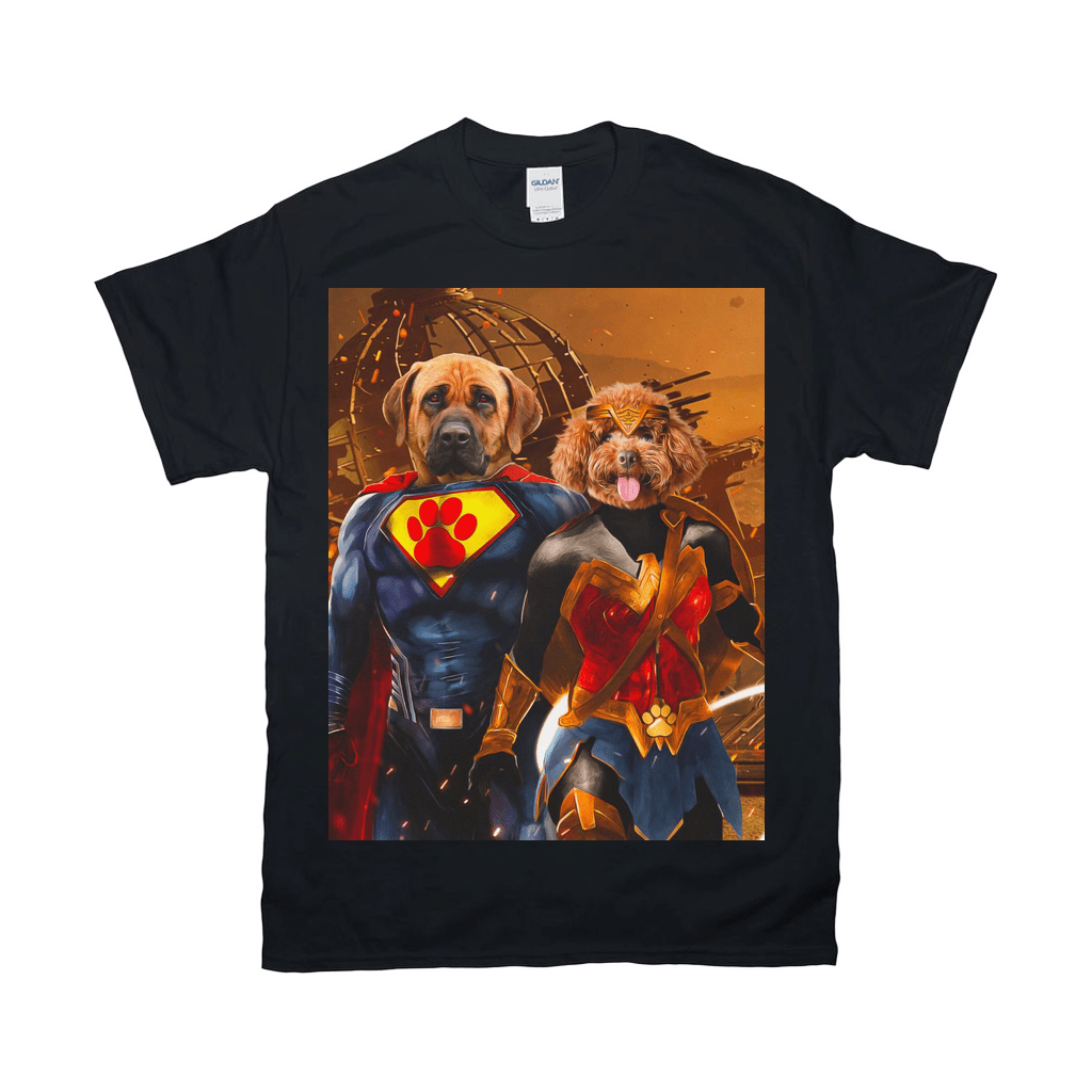 Black Gildan t-shirt featuring a personalized graphic of two dogs dressed as Superman and Wonder Woman.