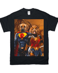 Black Gildan t-shirt featuring a personalized graphic of two dogs dressed as Superman and Wonder Woman.