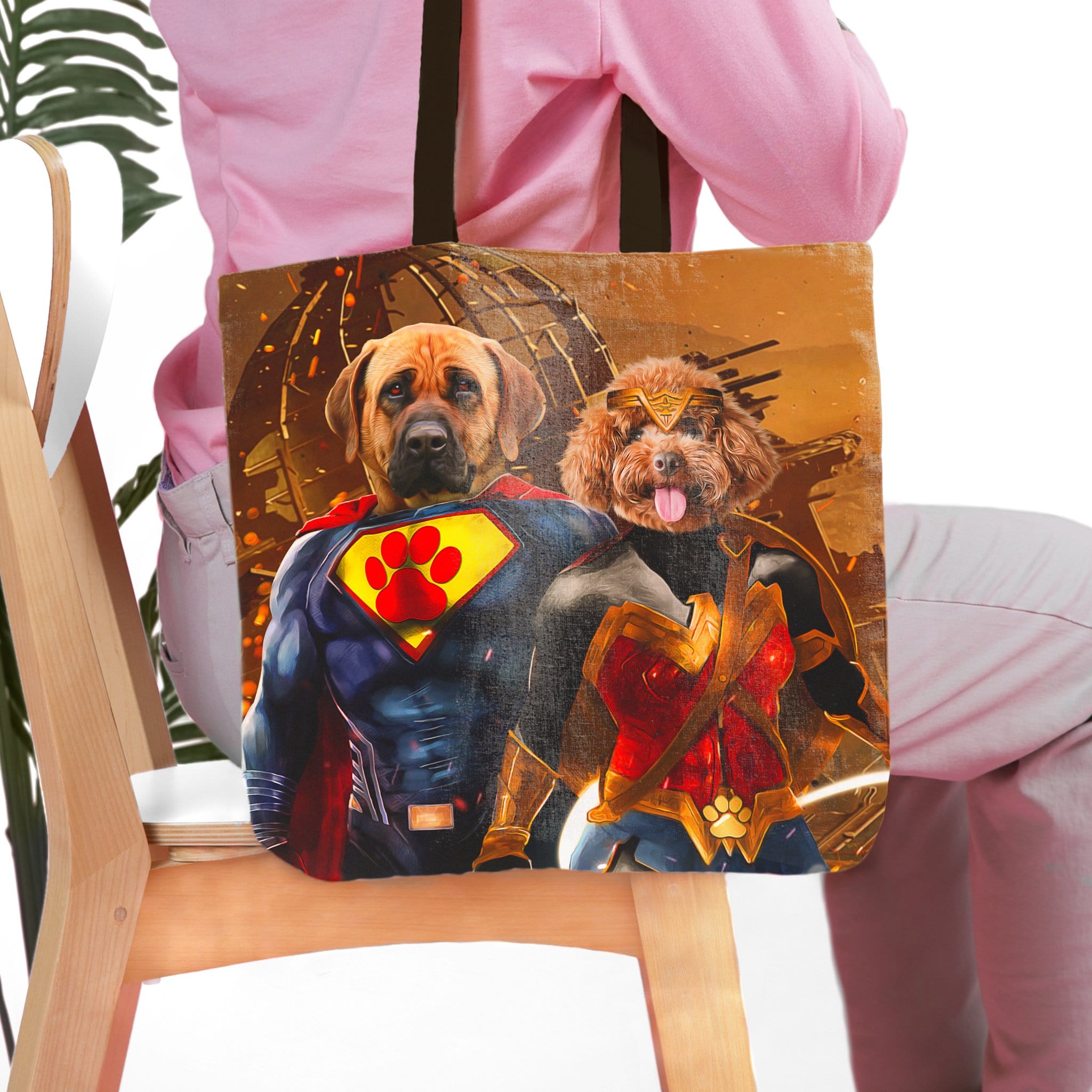 Personalized two-pet tote bag with custom dog portraits in Superdog and Wonder Doggette costumes.