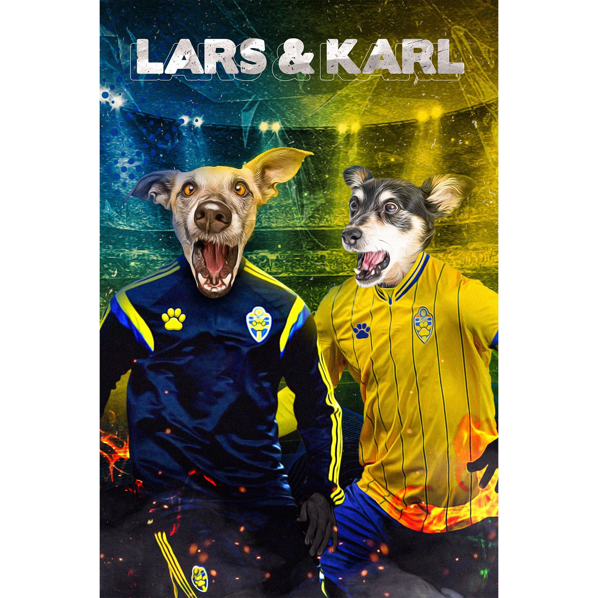 Personalized digital portrait of two dogs in Swedish football jerseys, "Lars & Karl" above.