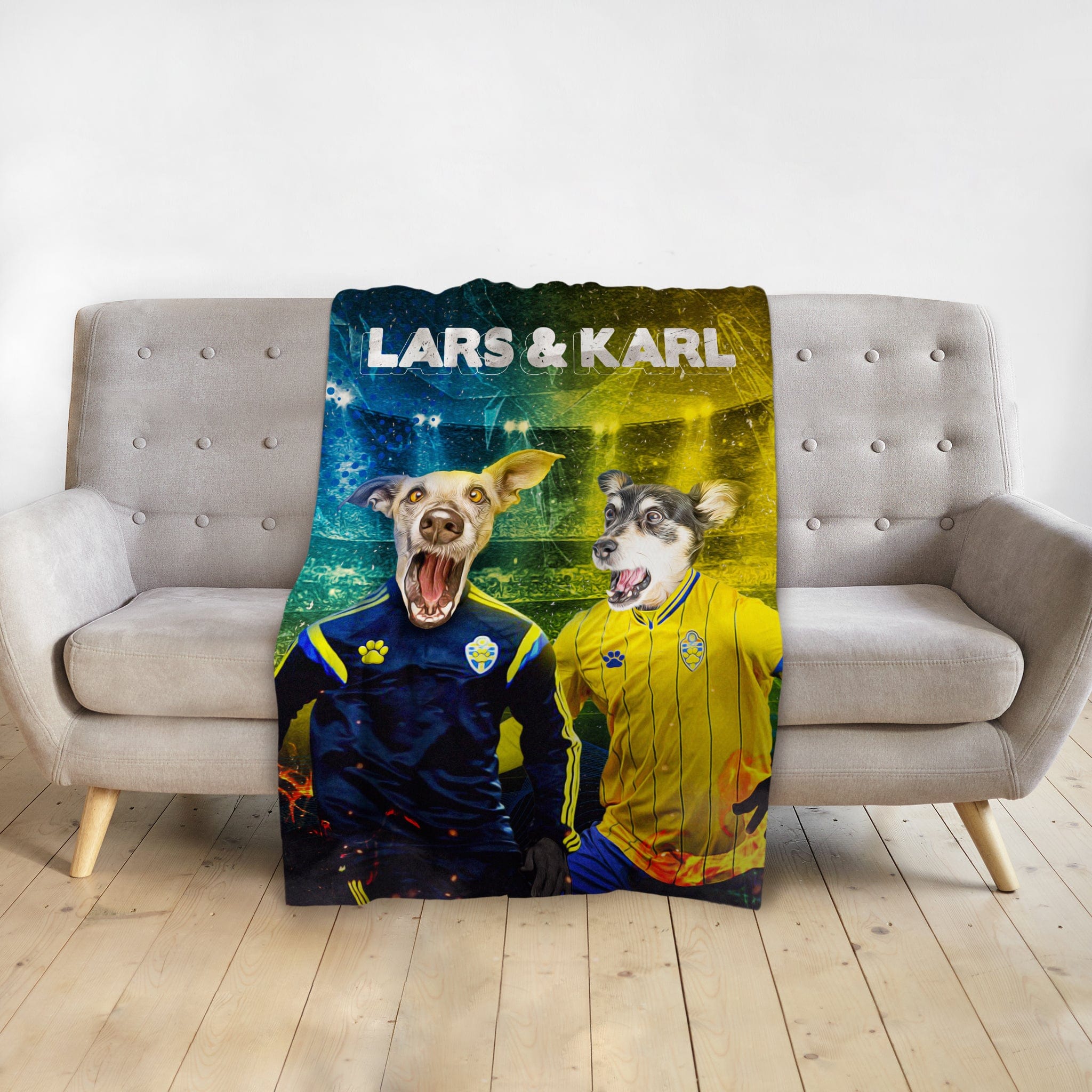 Personalized minky blanket with two custom dog portraits in Sweden football jerseys, named Lars &amp; Karl.