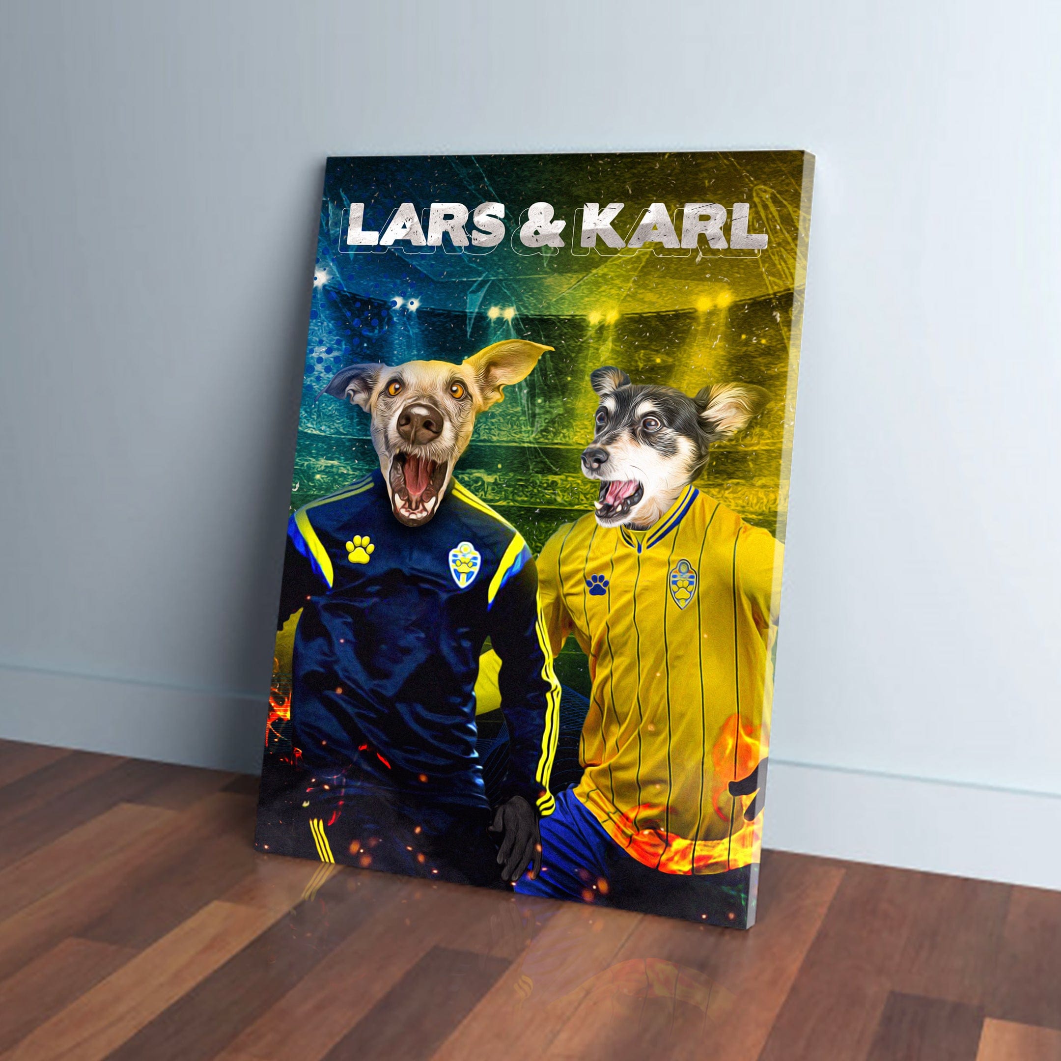 Personalized canvas of two dogs in Sweden Euro football jerseys, one blue, one yellow, with names "Lars & Karl".