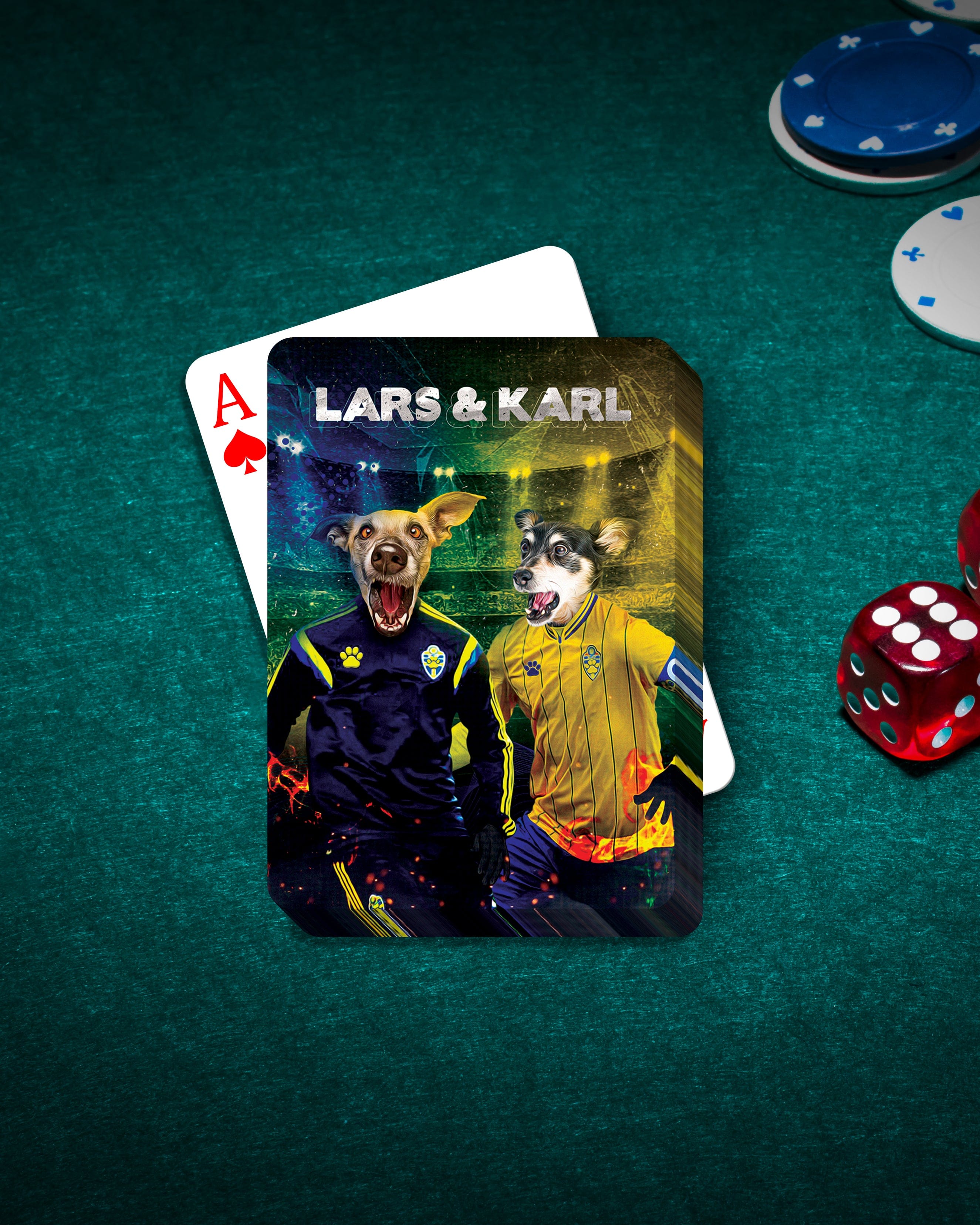 Personalized playing card featuring two dogs in Euro football jerseys, "Lars & Karl" text, on a green felt table.
