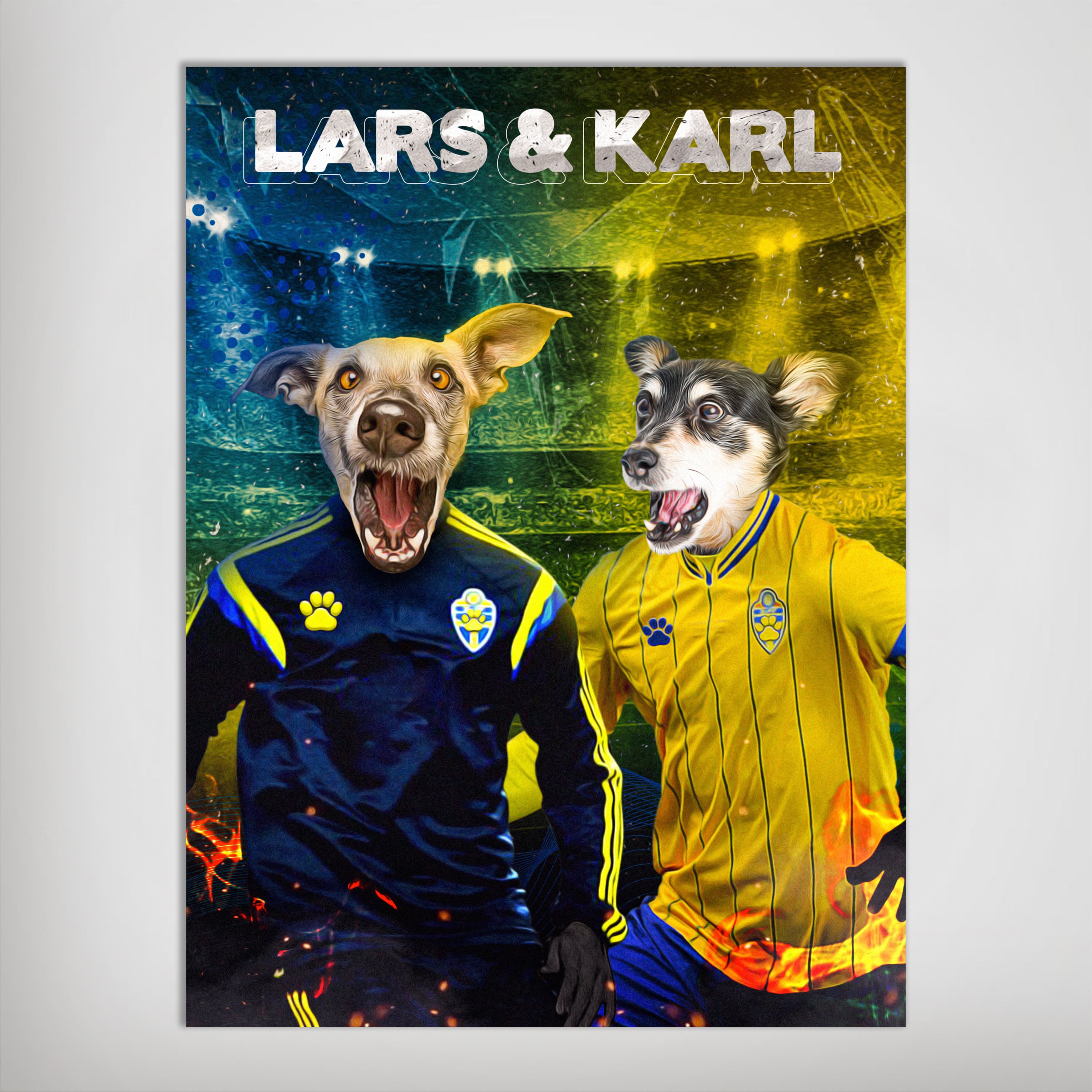 Personalized 'Sweden Doggos Euro Football' poster featuring two dogs in blue and yellow soccer jerseys.