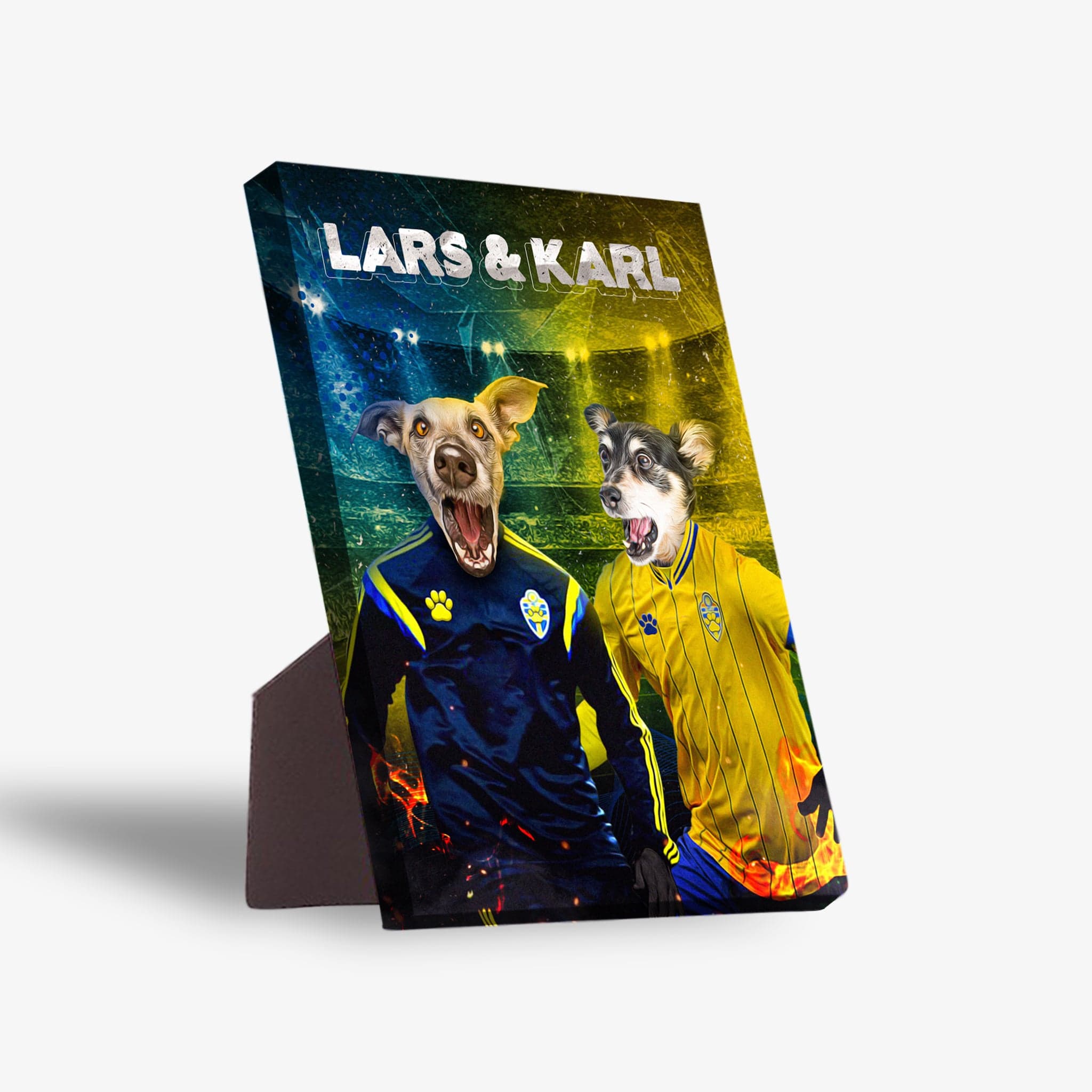 Personalized standing canvas featuring two pets as Swedish Euro football players in blue and yellow jerseys.