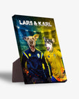 Personalized standing canvas featuring two pets as Swedish Euro football players in blue and yellow jerseys.