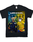 Black Gildan t-shirt featuring two dogs with human bodies in blue and yellow Sweden football jerseys, named Lars & Karl.