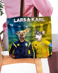Personalized tote bag with two dogs in Euro football uniforms, "LARS & KARL" text.