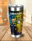 Personalized stainless steel tumbler with two dogs in Swedish football jerseys and "Lars & Karl" text.