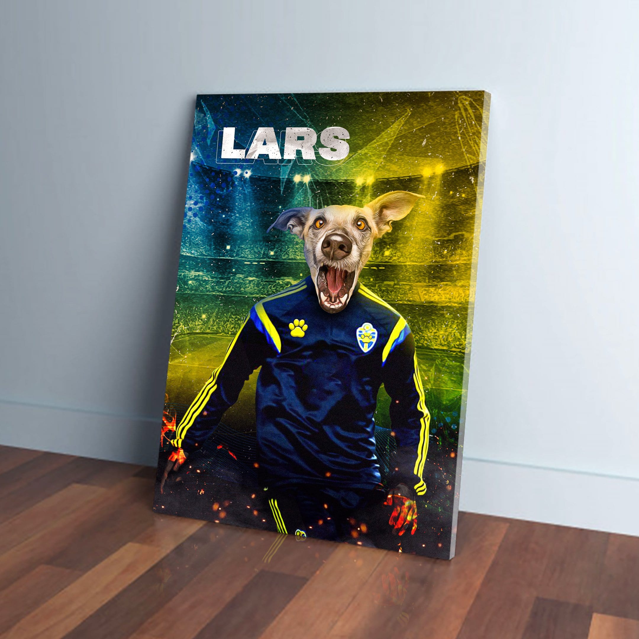 Personalized pet canvas featuring a dog in a blue and yellow Sweden soccer uniform, named LARS.