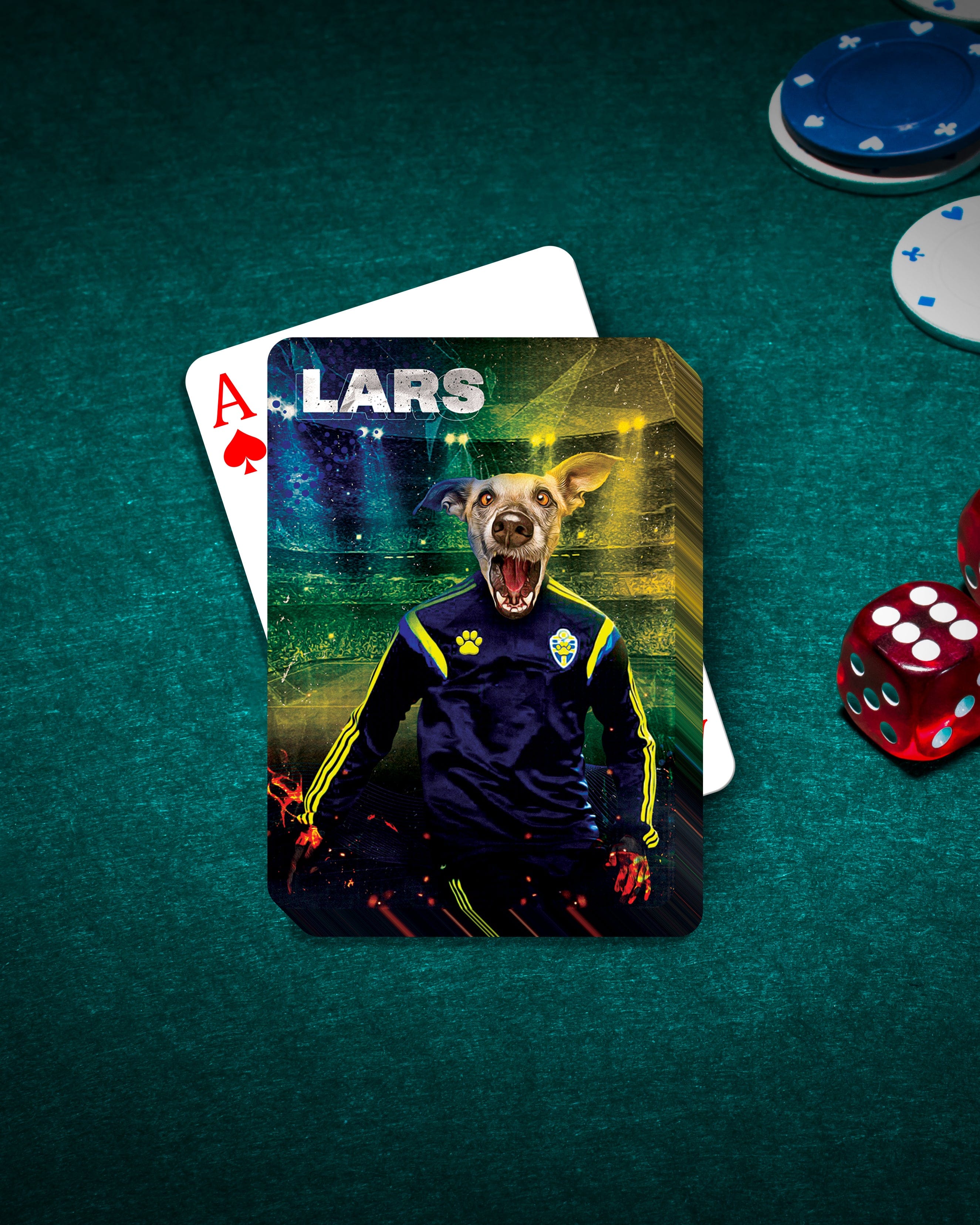 Personalized playing card featuring a dog's head on a soccer player's body, named Lars, on a green felt table.