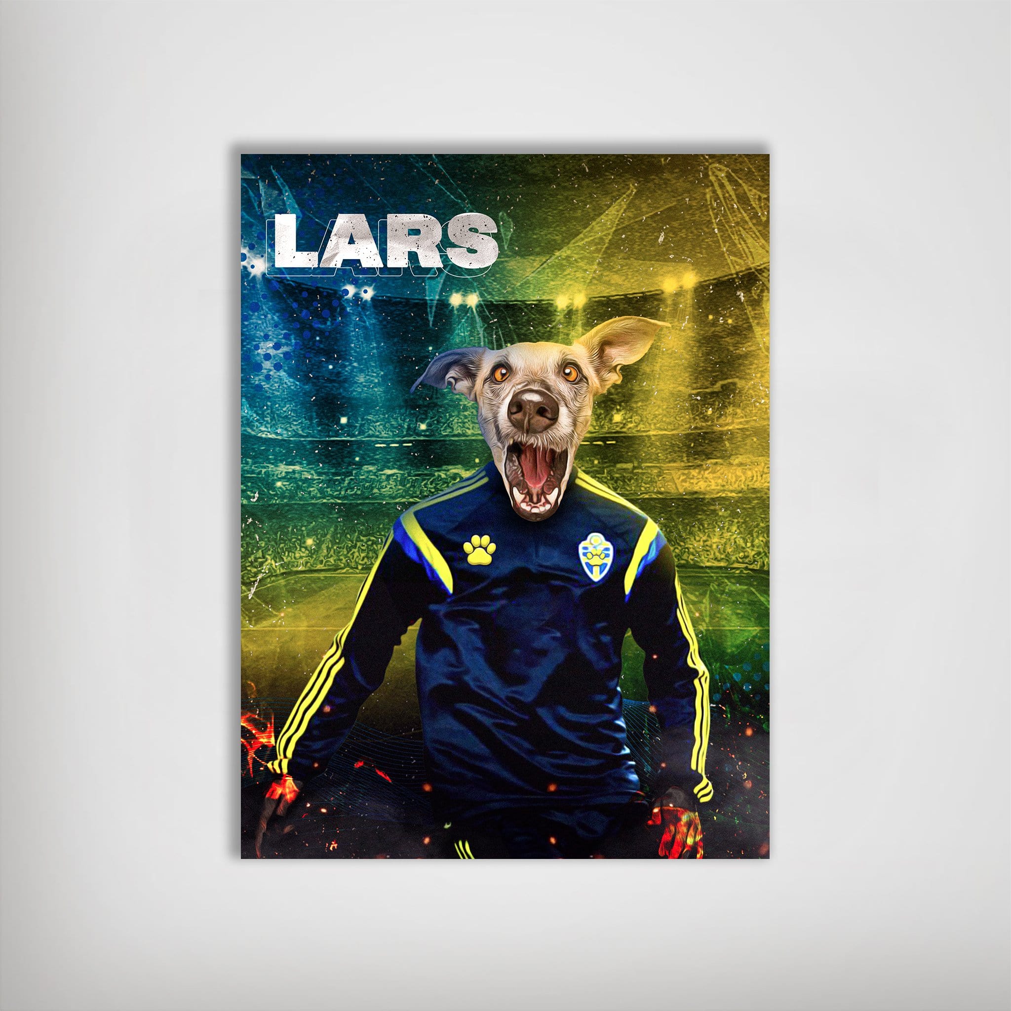 Personalized pet poster featuring a dog's head on a Swedish soccer player's body in a blue and yellow uniform.