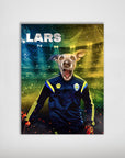 Personalized pet poster featuring a dog's head on a Swedish soccer player's body in a blue and yellow uniform.