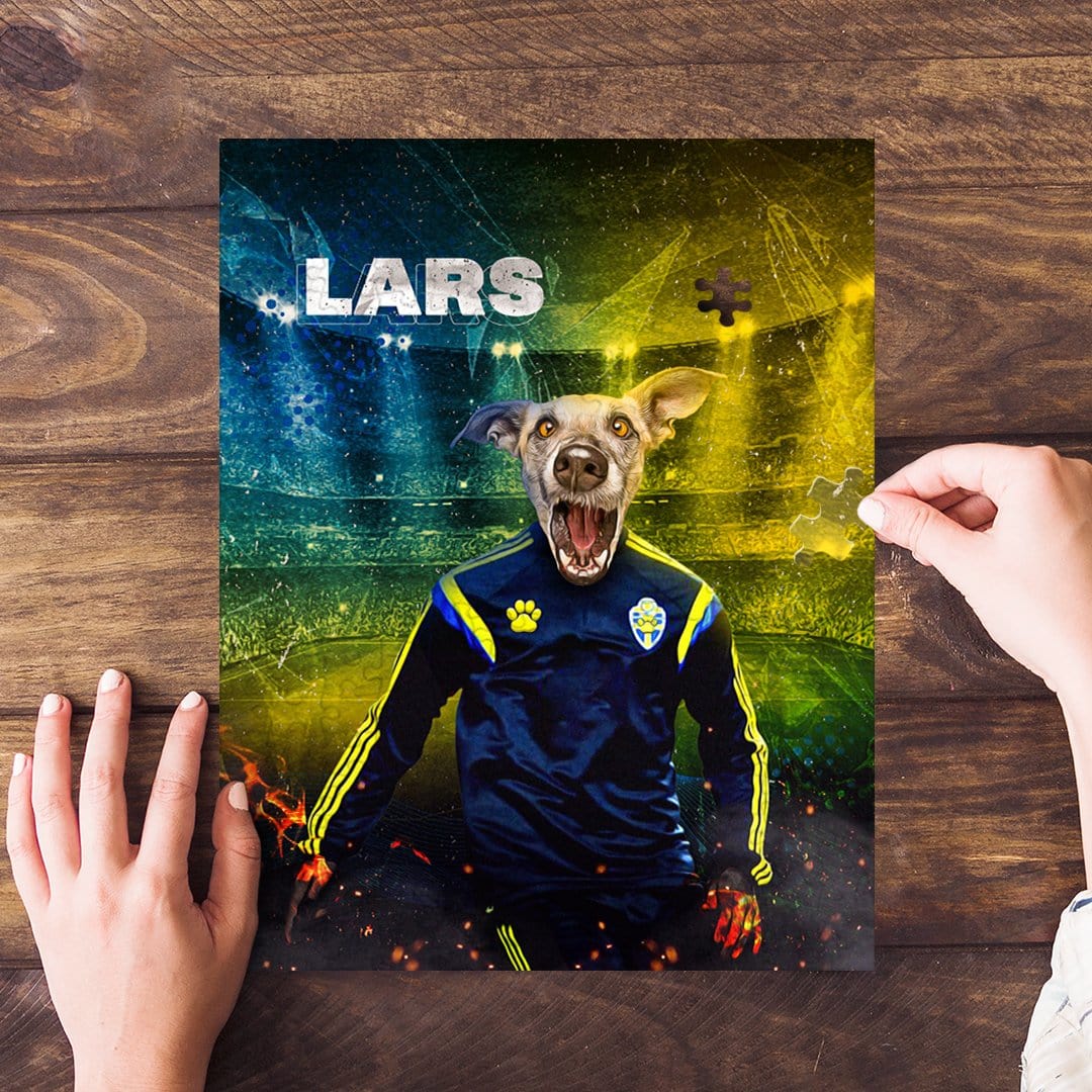 Personalized Sweden Doggos Soccer pet puzzle featuring a dog in a blue and yellow uniform.