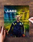 Personalized Sweden Doggos Soccer pet puzzle featuring a dog in a blue and yellow uniform.