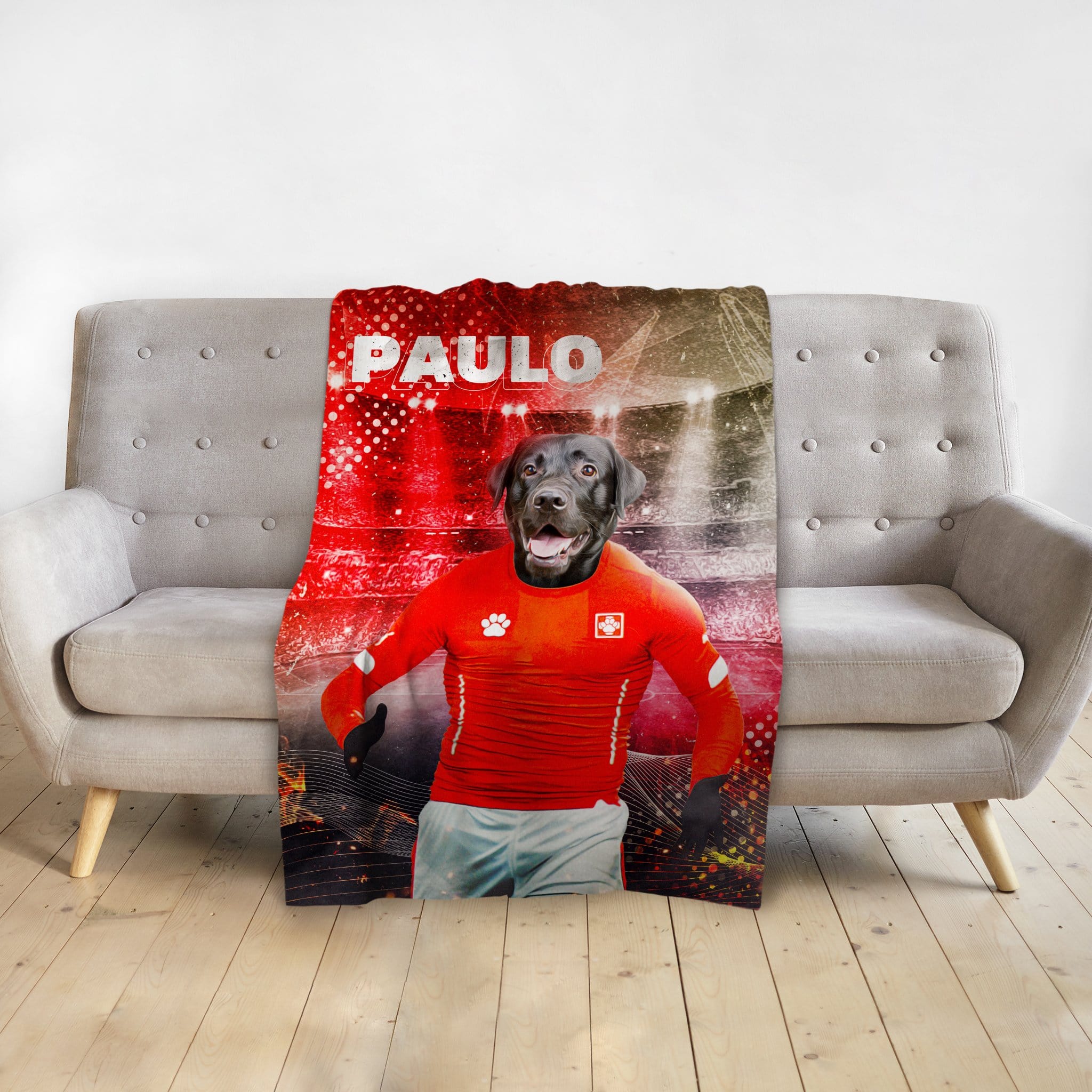 Personalized pet blanket with a black lab dog in a red soccer uniform, named "PAULO".