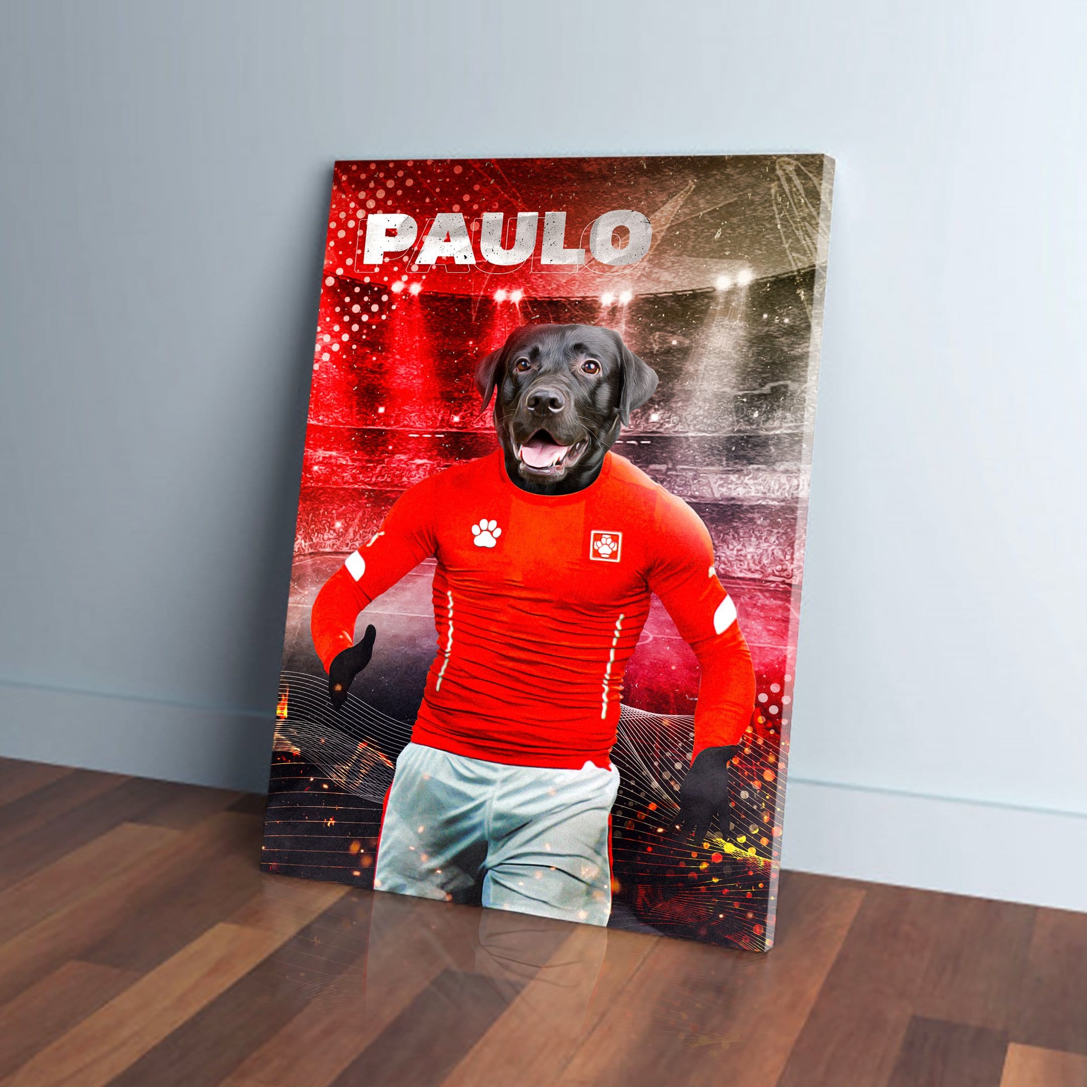 Personalized pet canvas featuring a black dog in a red soccer jersey and white shorts, named "PAULO".