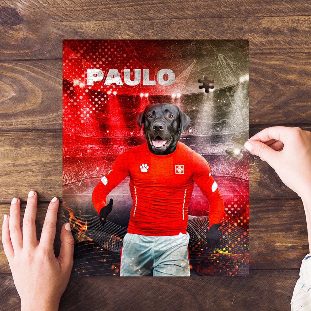 Personalized pet puzzle featuring a black lab in a red soccer uniform with "PAULO" on a stadium background.