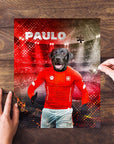 Personalized pet puzzle featuring a black lab in a red soccer uniform with "PAULO" on a stadium background.