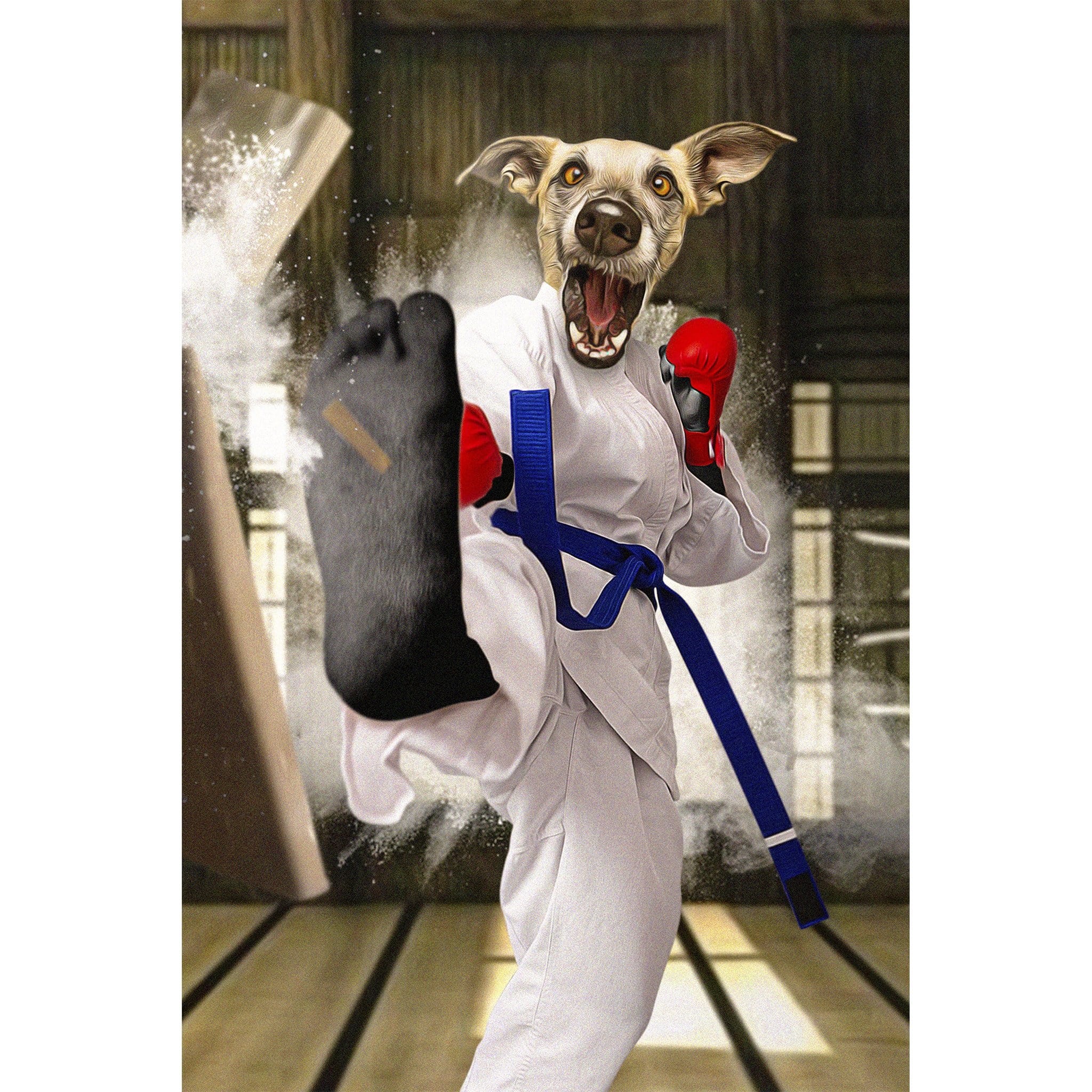 Custom Taekwondogg digital portrait featuring a dog's head on a martial artist kicking through a board.