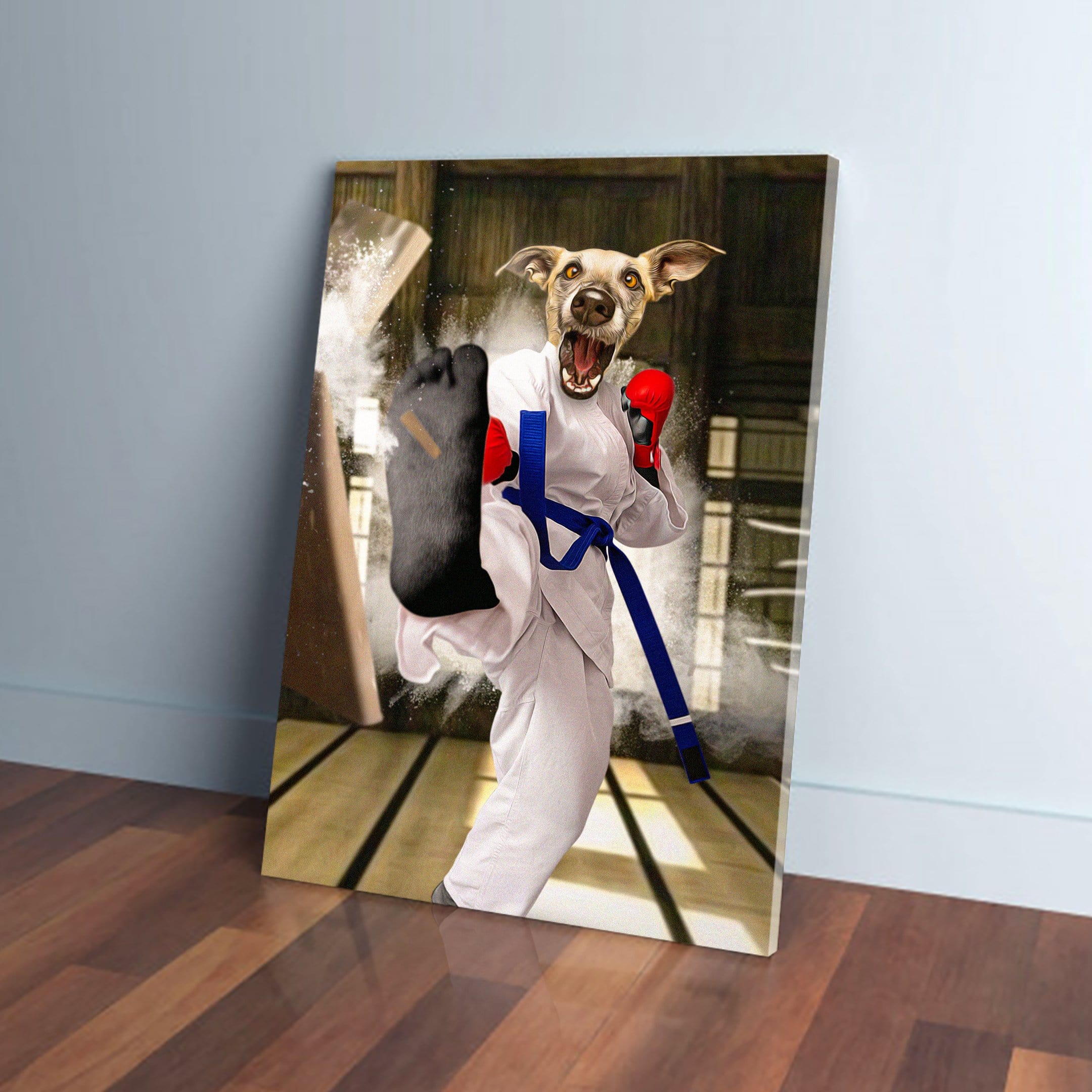 Personalized pet canvas featuring a dog in a white taekwondo gi, blue belt, red gloves, breaking a board.