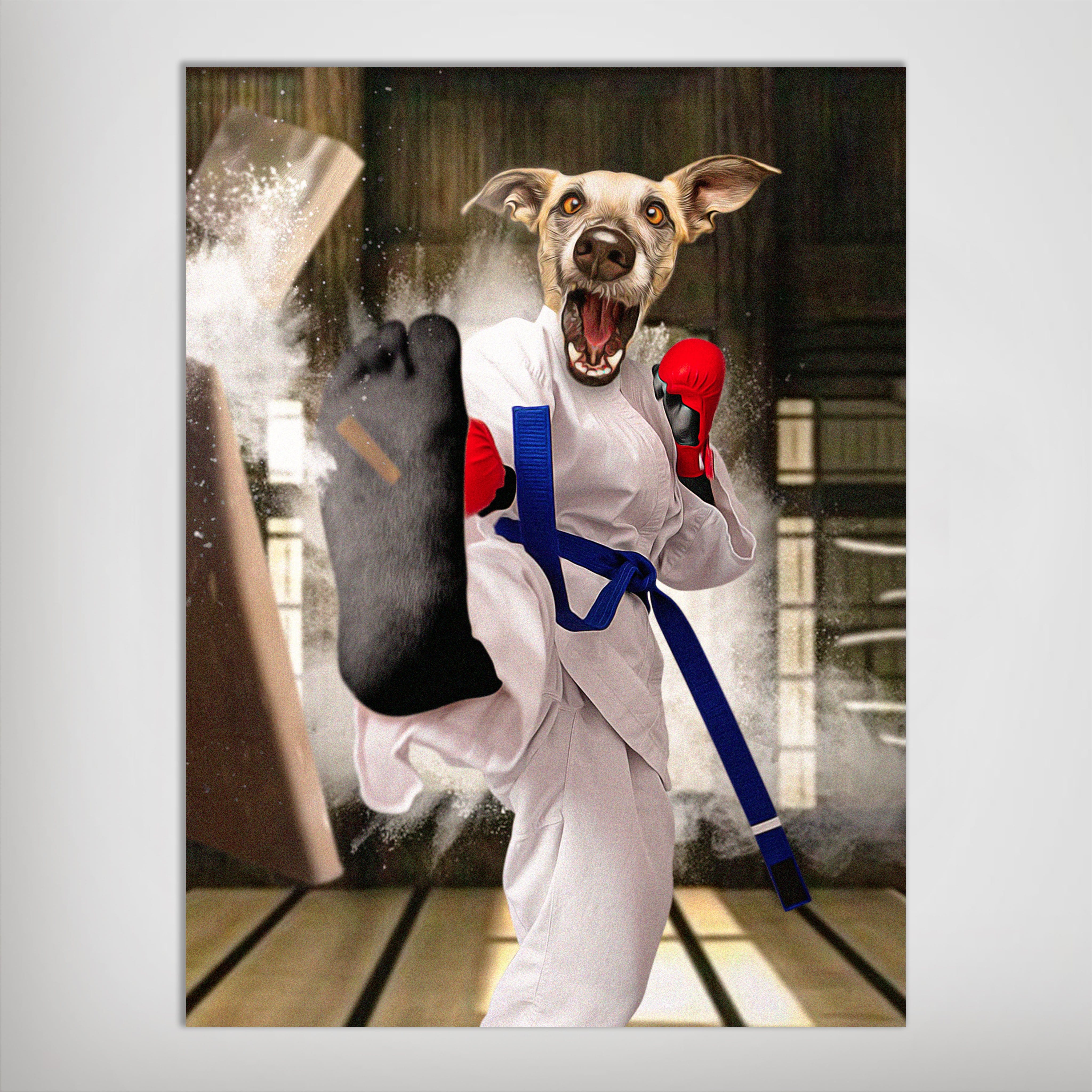 Personalized 'Taekwondogg' poster featuring a dog in a white gi, blue belt, red gloves, kicking a board.
