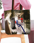 Personalized 'Taekwondogg' tote bag featuring a custom pet portrait of a dog in a karate gi.