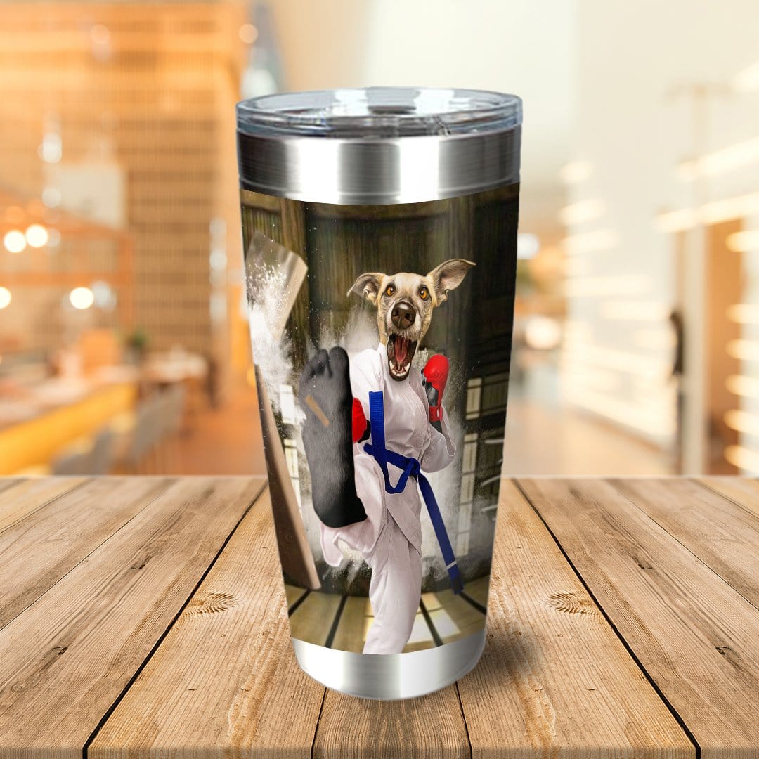Personalized stainless steel tumbler with a custom dog pet portrait in a Taekwondo uniform.