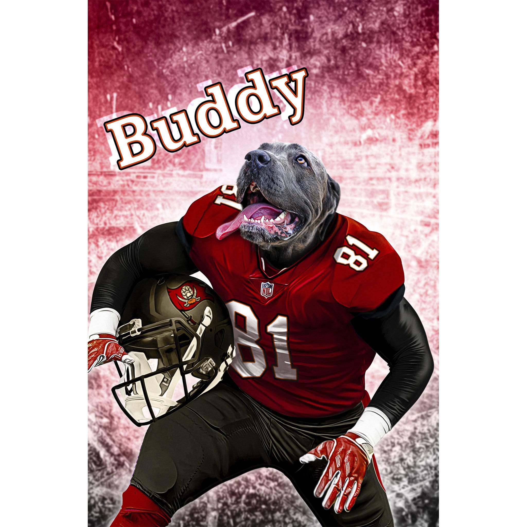Personalized digital portrait of a dog in a red Tampa Bay Buccaneers football uniform.