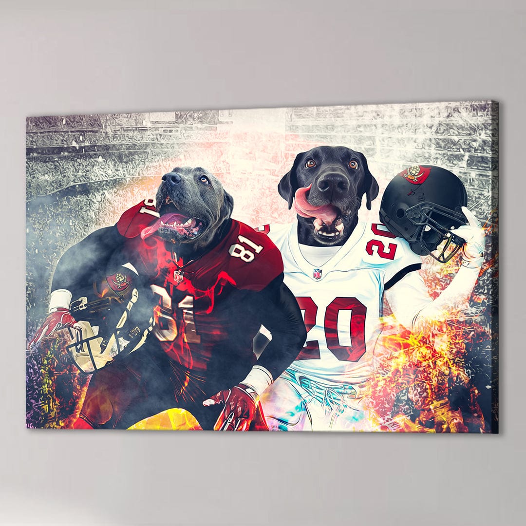 Personalized canvas featuring two dogs in Tampa Bay Doggos football uniforms, one running, one holding a helmet.