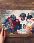 Personalized 2-pet puzzle featuring dogs in football uniforms, being assembled on a wooden surface.