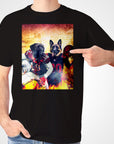 Black Gildan t-shirt with two personalized pet portraits, a Mastiff and a German Shepherd, in football uniforms.