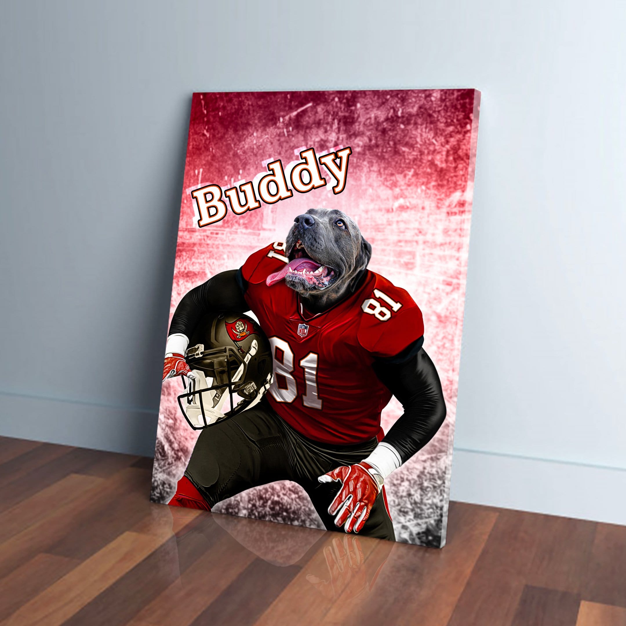 Personalized pet canvas featuring a dog in a red football uniform with "Buddy" and "81" on it.