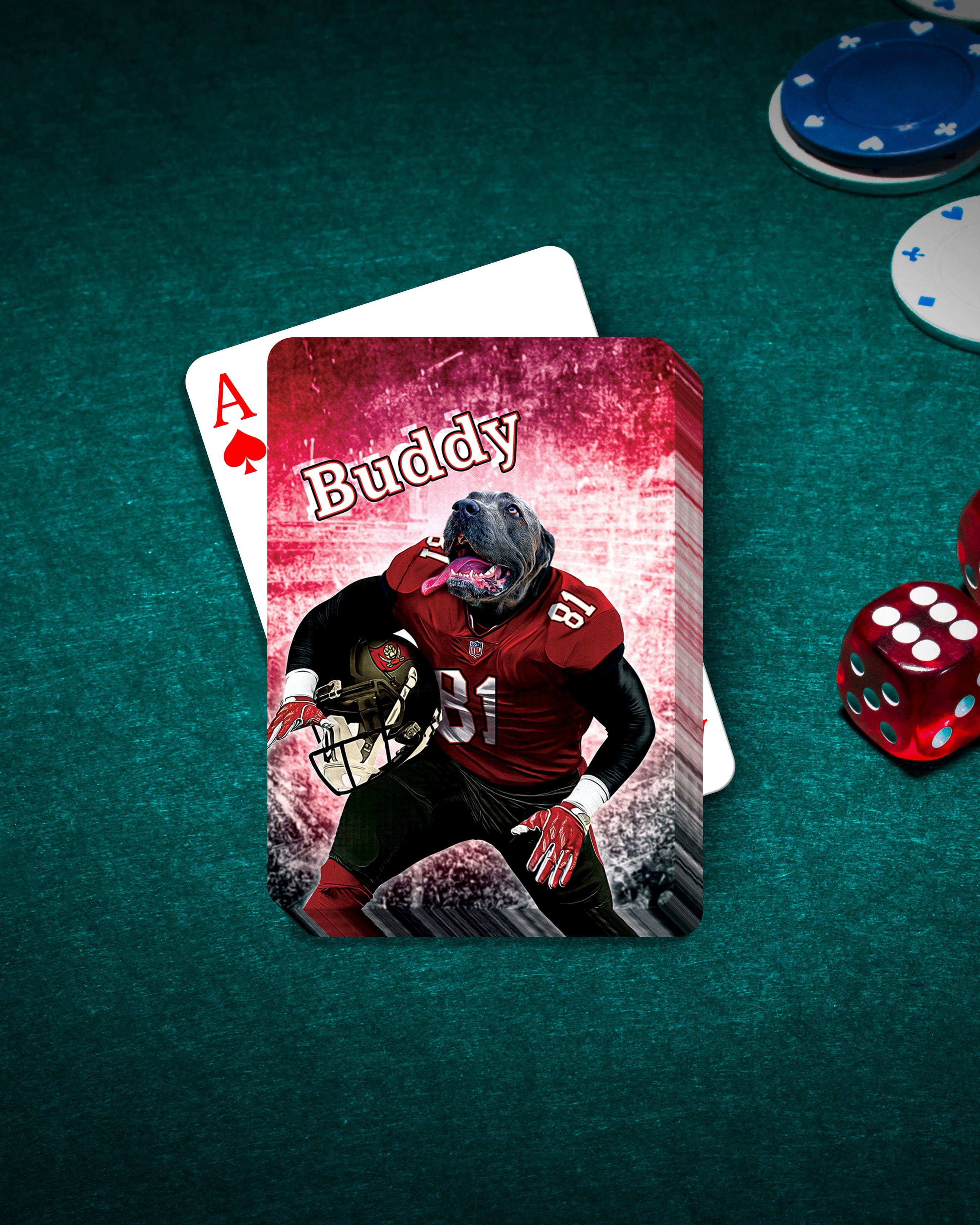 Personalized playing card featuring a dog in a red football uniform, "Buddy" text.