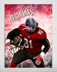 Personalized pet poster featuring a dog in a red football uniform, holding a helmet, with "Buddy" above.