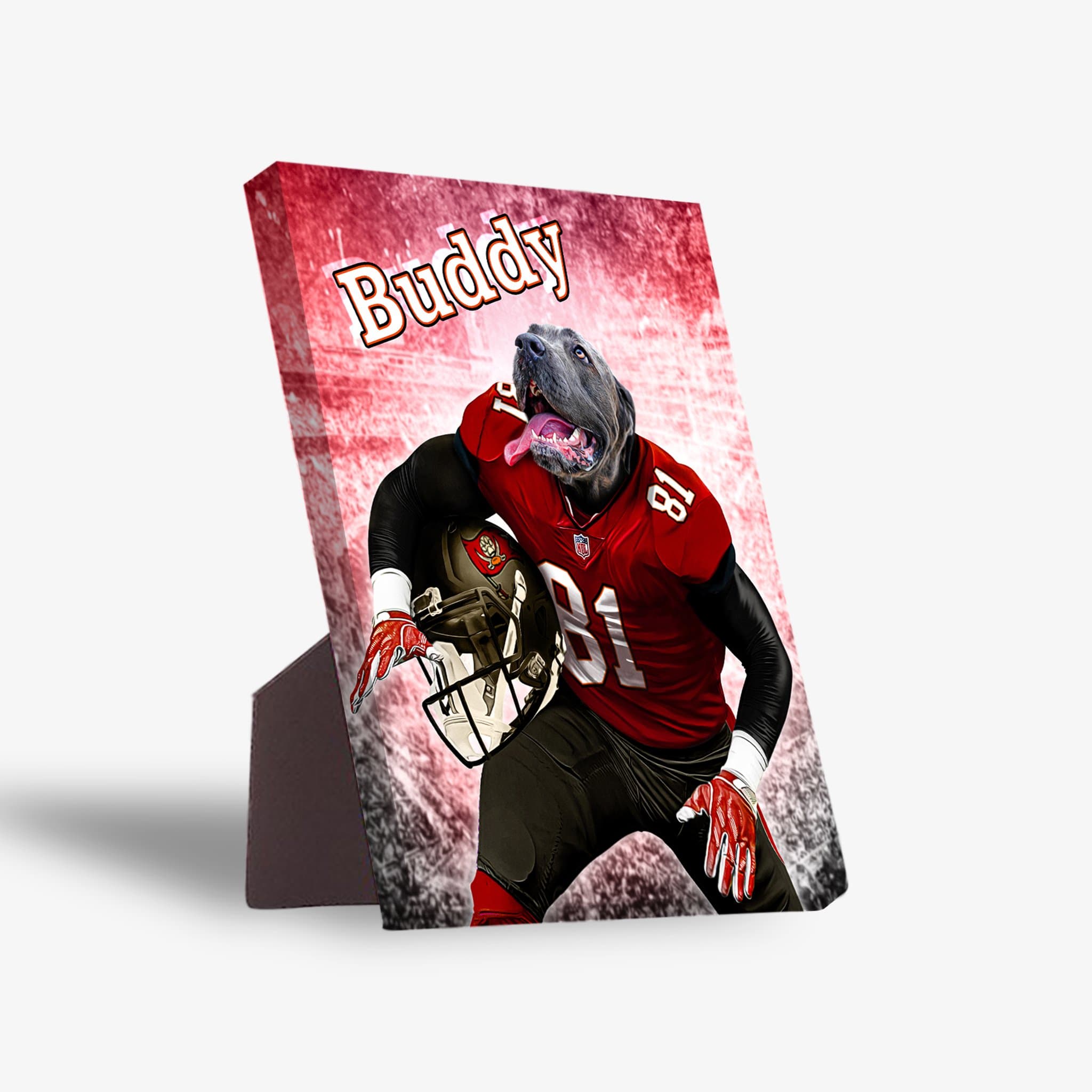 Personalized pet standing canvas featuring a dog in a red Tampa Bay Buccaneers football uniform.